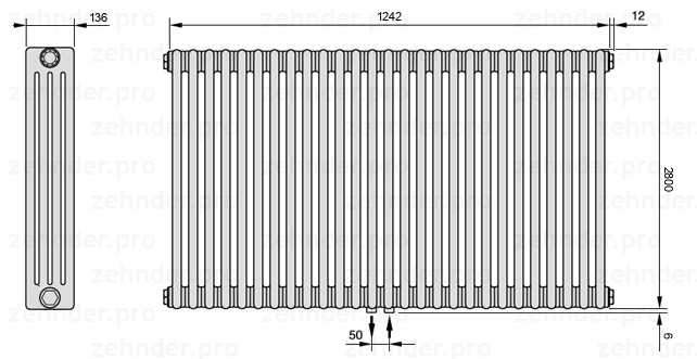 Схема (чертеж) Радиатор Zehnder Charleston 4280/27 №5410 Белый глянцевый RAL 9016